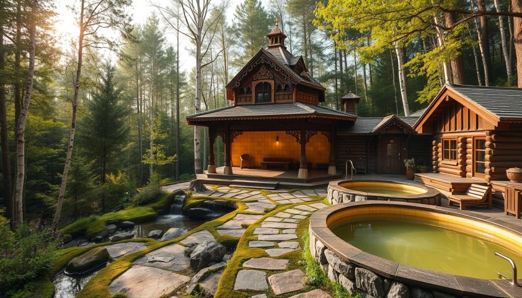 A tranquil Russian banya (steam bath) complex nestled among lush, verdant forests. The focal point is a central pavilion with intricately carved wooden beams and ornate domes, its exterior adorned with vibrant lemon-yellow tiles. Meandering pathways lead to private outdoor lemon baths, their warm, mineral-rich waters surrounded by mossy stones and blooming wildflowers. Soft, diffused natural lighting filters through the canopy of birch trees, casting a serene, golden glow across the scene. In the distance, a log-built sauna building emits wisps of fragrant steam. An atmosphere of rustic elegance, wellness, and tranquility pervades the entire complex.