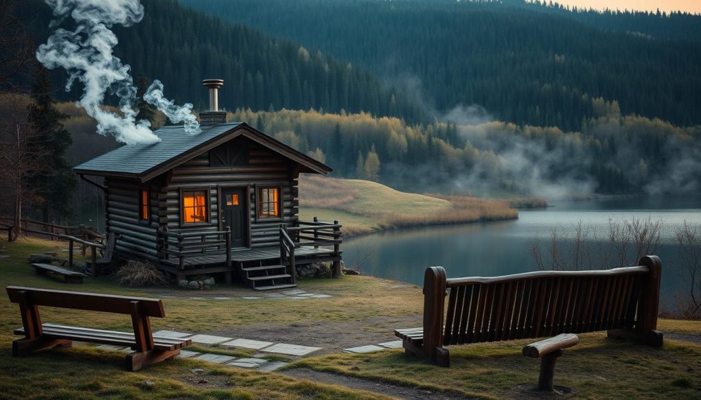 A tranquil, rustic "банный комплекс" nestled in the lush Ukrainian countryside. The main structure, a traditional wooden bathhouse, stands tall against a backdrop of rolling hills and dense forests. Wispy steam wisps from the chimney, inviting visitors to enter and experience the rejuvenating heat. Nearby, a serene lake reflects the natural surroundings, offering a peaceful setting for relaxation. Warm, golden lighting filters through the windows, creating a cozy, inviting atmosphere. The complex is complemented by simple, yet charming, wooden benches and accents, blending seamlessly with the idyllic rural landscape. An immersive scene that captures the essence of Ukrainian "bannyy kompleks" and the tranquil retreat they provide.