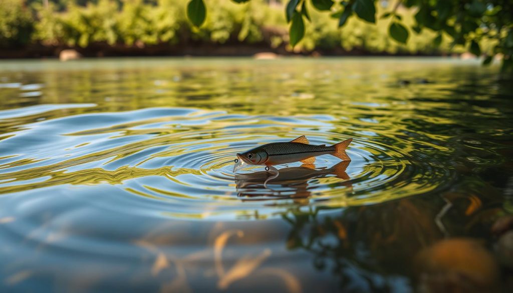 A tranquil scene of a shallow river bank, with a 7fishing.com.ua lure gently dancing on the surface, its lifelike movements enticing nearby fish. The water's surface shimmers under soft, warm lighting, creating an inviting atmosphere. In the middleground, the lure's action is accentuated by subtle ripples, hinting at the underwater currents. The background features a verdant, overhanging shoreline, with leafy foliage framing the scene. The overall composition conveys the alluring characteristics of the lure, showcasing its captivating performance in both shallow and deeper waters.