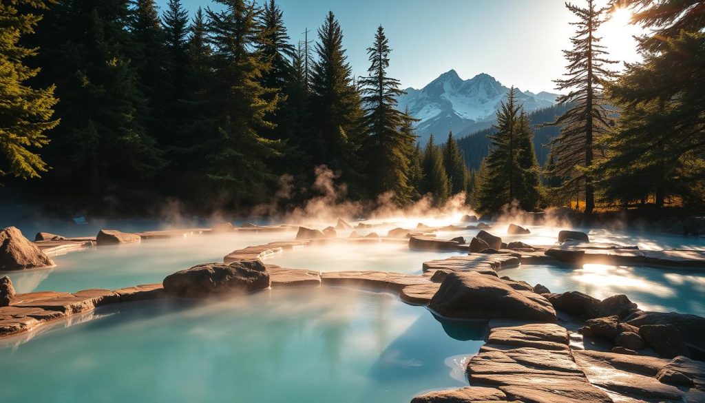 A tranquil scene of thermal springs nestled in a lush, verdant landscape. In the foreground, steaming pools of turquoise water beckon, surrounded by smooth, weathered rocks. Gentle mist rises, creating an otherworldly atmosphere. Towering evergreen trees line the middle ground, their branches casting dappled shadows on the scene. In the background, snow-capped peaks pierce the horizon, their majestic silhouettes reflected in the still waters. Warm, golden sunlight filters through the trees, illuminating the serene setting. The overall mood is one of peaceful contemplation, inviting the viewer to imagine the rejuvenating experience of visiting these captivating thermal springs.