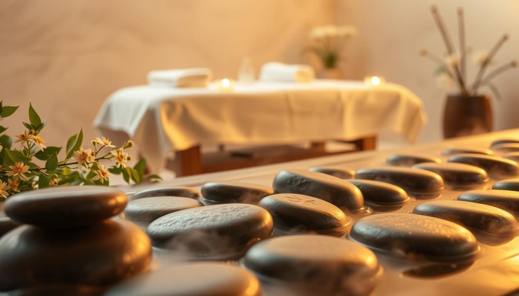 A tranquil spa scene, bathed in warm, diffused lighting. In the foreground, an arrangement of smooth, oval-shaped basalt stones of varying sizes, their surfaces glistening with steam. Surrounding the stones, lush greenery and delicate floral accents create a serene, natural ambiance. In the middle ground, a massage table draped in soft, plush linens, with a set of folded towels and oils nearby, ready for a restorative hot stone massage experience. The background blends seamlessly into a calming, neutral-toned environment, evoking a sense of relaxation and well-being. The overall composition conveys the soothing, therapeutic nature of this ancient practice of hot stone massage.