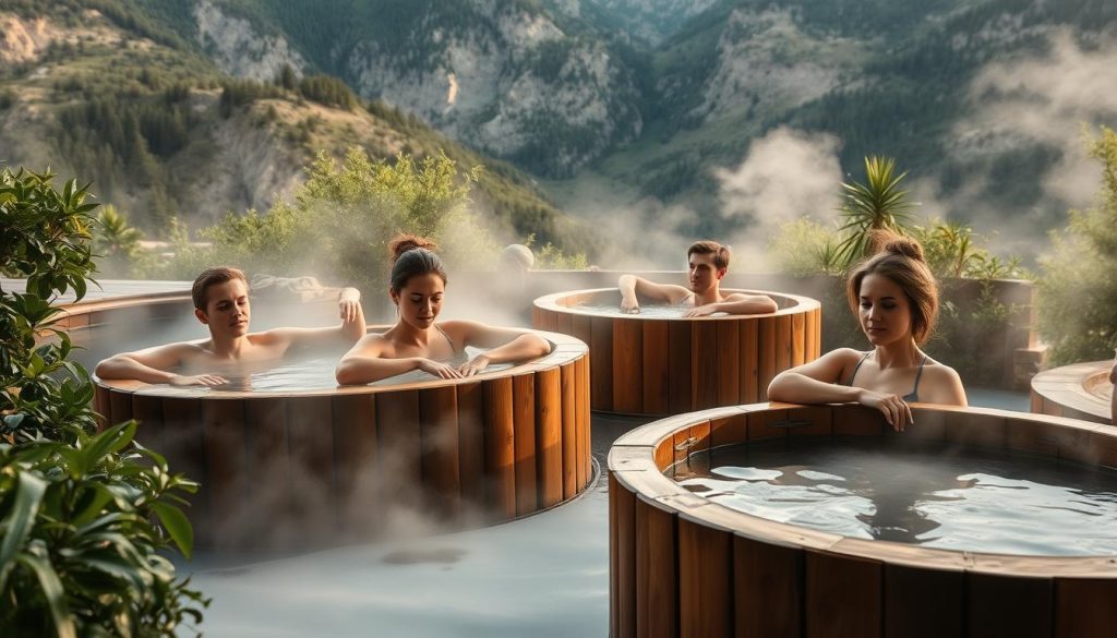A tranquil spa scene in the Carpathian mountains, showcasing a group of people relaxing in traditional wooden tubs filled with mineral-rich thermal waters. The tubs are nestled among lush greenery, with a backdrop of rugged mountain peaks. Soft, diffused lighting creates a serene, cozy atmosphere, while steam gently rises from the soothing waters. The bathers are dressed in comfortable robes, their faces reflecting a sense of calm and rejuvenation. The overall composition conveys the quintessential Carpathian spa experience, blending the region's natural beauty with the centuries-old tradition of mineral water bathing.