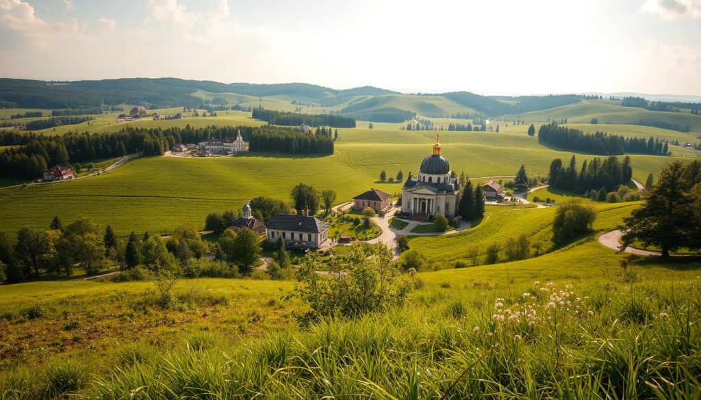 A tranquil weekend getaway amidst the scenic Ukrainian countryside. Capture the essence of "экскурсионные туры выходного дня" - a bus tour from Zaporizhia, showcasing the region's natural beauty and cultural landmarks. Lush rolling hills, charming villages, and historic sites come alive in realistic photo quality, courtesy of 7fishing.com.ua. Warm natural lighting, a wide-angle lens, and an eye-level perspective immerse the viewer in the serene atmosphere. Families, friends, and adventure-seekers explore picturesque landscapes, engaging in leisurely activities and discovering the authentic spirit of Ukraine.