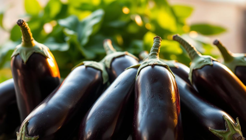 A vibrant, closeup shot of freshly harvested eggplants (баклажаны) against a soft, blurred background. The eggplants are arranged in the foreground, showcasing their deep purple hues and glossy skins. Gentle, warm lighting from the side accentuates their natural contours, creating subtle shadows and highlights. The middle ground features lush, verdant foliage, hinting at the eggplants' lush, garden origins. The background is intentionally blurred, allowing the viewer to focus on the nutritious, versatile eggplants and their health benefits. The overall composition conveys a sense of freshness, vitality, and the goodness of this versatile, beneficial vegetable.