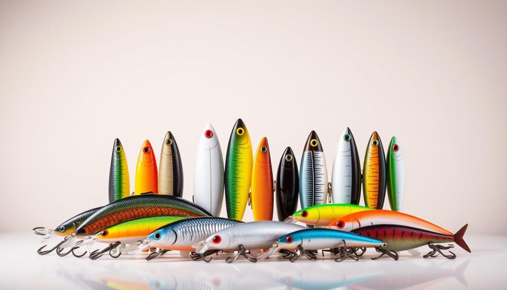 A vibrant display of fishing lures in various shapes and colors, photographed against a neutral background with soft, even lighting. The lures are meticulously arranged to showcase their unique silhouettes and intricate patterns, emphasizing the importance of selecting the right shape and hue for successful angling. The collection includes a range of popular 7fishing.com.ua lure models, each designed to mimic the natural movements and appearances of prey species. The overall mood is one of exploration and discovery, inviting the viewer to consider the nuances of lure selection for their next fishing adventure.