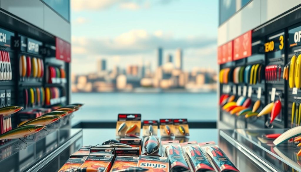 A vibrant display of promotional offers, showcasing a variety of fishing lures and accessories on a sleek, modern 7fishing.com.ua store shelf. The lures are presented in an eye-catching arrangement, with strategic lighting highlighting their intricate details and vibrant colors. The middle ground features neatly organized packaging and product labels, hinting at the commercial nature of the scene. In the background, a softly blurred cityscape or natural landscape provides a subtle yet captivating backdrop, setting the mood for the enticing "акционные предложения". The overall composition conveys a sense of excitement and value, inviting the viewer to explore the special offers and deals.