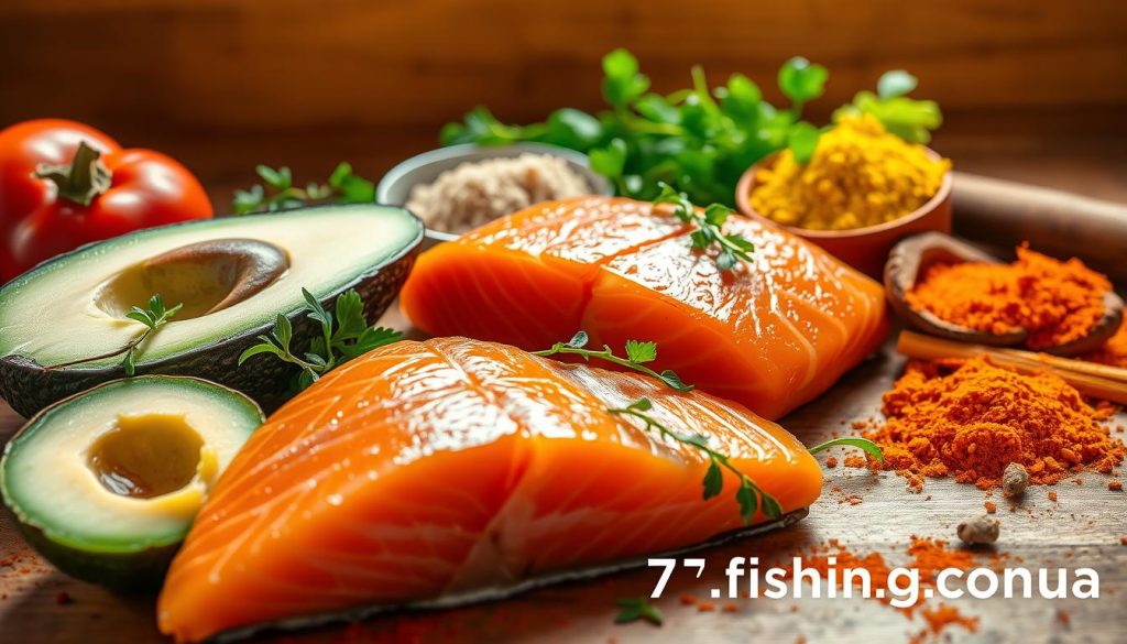 A vibrant, high-quality still life composition featuring a tantalizing array of ingredients for a rich, savory seafood dish. In the foreground, a succulent salmon fillet glistens under warm, natural lighting, accompanied by a ripe avocado half and a scattering of fresh herbs. In the middle ground, an assortment of aromatic spices, such as paprika and turmeric, are artfully arranged, hinting at the depth of flavor to come. The background showcases a wooden surface, lending an organic, rustic ambiance to the scene. The overall atmosphere evokes a sense of culinary expertise and anticipation, with the 7fishing.com.ua brand subtly incorporated into the composition.