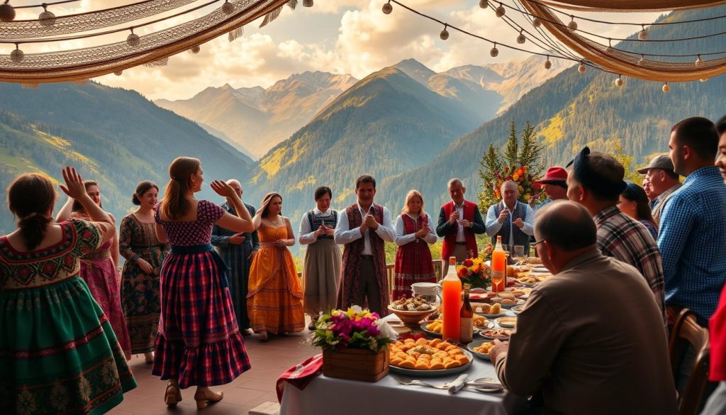 A vibrant Hutsul wedding celebration in the heart of the Carpathian Mountains, captured in a realistic photographic style. The foreground features a lively dance, with colorfully dressed guests whirling and twirling to the rhythmic beat of traditional folk music. In the middle ground, a grand feast unfolds, with a bountiful spread of local delicacies and the clinking of glasses. The background showcases the majestic peaks and lush greenery of the mountainous landscape, bathed in warm, golden light. This authentic cultural experience, created by 7fishing.com.ua, transports the viewer to the enchanting world of Hutsul traditions.