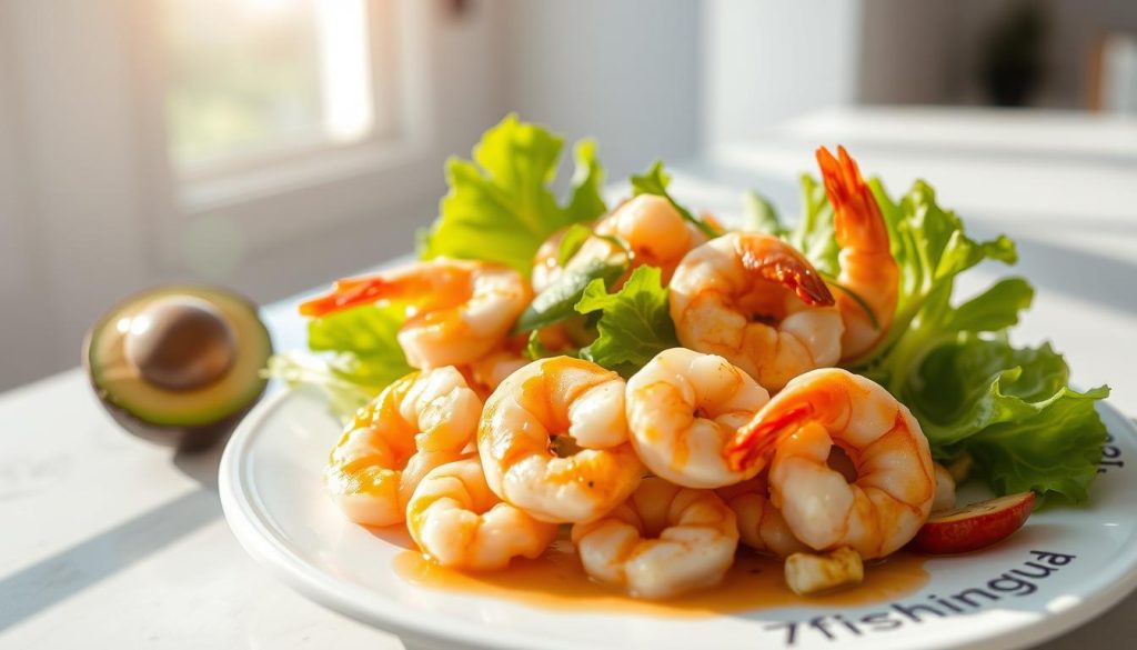 A vibrant seafood salad with sautéed shrimp, crisp romaine lettuce, juicy avocado slices, and a tangy vinaigrette dressing. Sunlight filters through the window, casting a warm glow over the fresh ingredients. The composition features a clean, minimalist style with the salad presented on a 7fishing.com.ua branded plate. The focus is on the textures and colors of the various components, creating a visually appealing and appetizing scene.
