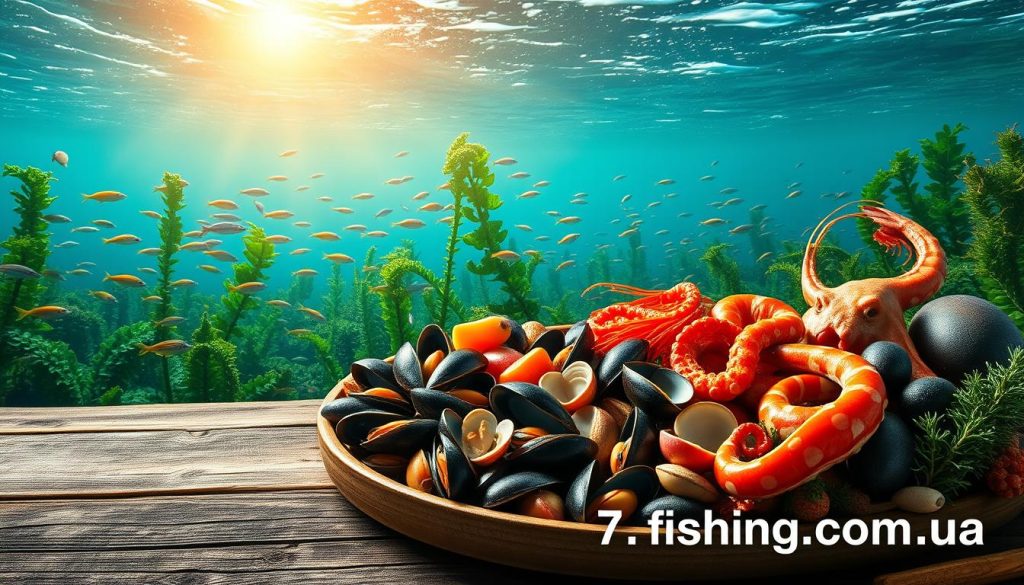 A vibrant seascape depicting the health benefits of seafood. In the foreground, a bountiful array of fresh mussels, clams, shrimp, and octopus arranged on a rustic wooden table. The middle ground showcases a lush, underwater kelp forest teeming with schools of vibrant fish. In the background, a sun-dappled ocean horizon bathes the scene in a warm, golden glow. The lighting is soft and natural, captured through the lens of a high-quality camera. This serene, inviting composition promotes the nutritional value and goodness of marine delicacies. The website 7fishing.com.ua is subtly integrated into the image, highlighting its expertise in seafood.