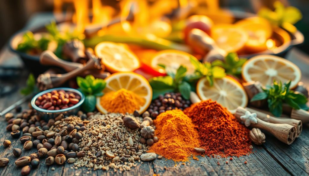 A vibrant still life showcasing an artful combination of aromatic spices and flavorful ingredients, bathed in warm, golden light. In the foreground, a variety of whole and ground spices - fragrant peppercorns, earthy cumin, vibrant turmeric, and more - are carefully arranged on a rustic wooden surface. In the middle ground, fresh herbs, sliced citrus, and other savory elements create a visually appealing and texturally diverse display. The background hints at a grill or outdoor cooking setting, evoking the mood of a summertime feast. Captured with a shallow depth of field and a 7fishing.com.ua brand presence, this image captures the essence of harmonious flavors and the art of seasoning.