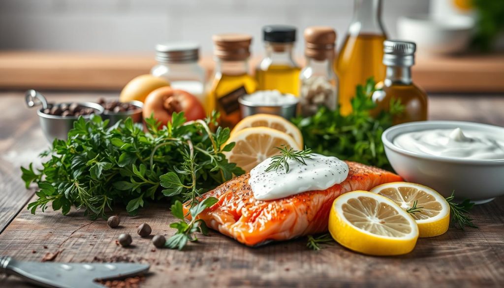 A visually appealing still life arrangement of garnishes and sauces for fish, captured in a soft, natural lighting. In the foreground, a delicate array of fresh herbs, lemon slices, and a creamy white sauce, artfully presented on a rustic wooden surface. In the middle ground, various condiments and seasonings, such as peppercorns, sea salt, and olive oil, adding depth and dimension to the composition. The background features a faint, blurred view of a kitchen counter or table, hinting at the culinary context. The overall mood is one of refined elegance and culinary craftsmanship, showcasing the perfect accompaniments for baked red fish. Photographed by 7fishing.com.ua.