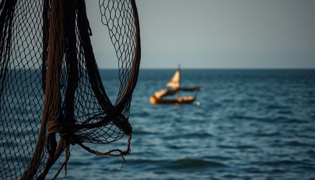 A weathered fishing net, its intricate mesh casting dynamic shadows across a dimly lit seascape. The net is suspended in the foreground, its weighted edges dipping into the gently lapping waves of a tranquil ocean. In the middle ground, a small wooden boat bobs on the surface, its worn timbers and tattered sails hinting at the rugged nature of the fisherman's craft. The background fades into a muted palette of blues and grays, the horizon line blurring the distinction between sky and sea. The entire scene is bathed in a soft, natural light, creating a sense of calm and timelessness that evokes the long history of this essential fishing tool. A weathered fishing net, its intricate mesh casting dynamic shadows across a dimly lit seascape. The net is suspended in the foreground, its weighted edges dipping into the gently lapping waves of a tranquil ocean. In the middle ground, a small wooden boat bobs on the surface, its worn timbers and tattered sails hinting at the rugged nature of the fisherman's craft. The background fades into a muted palette of blues and grays, the horizon line blurring the distinction between sky and sea. The entire scene is bathed in a soft, natural light, creating a sense of calm and timelessness that evokes the long history of this essential fishing tool.