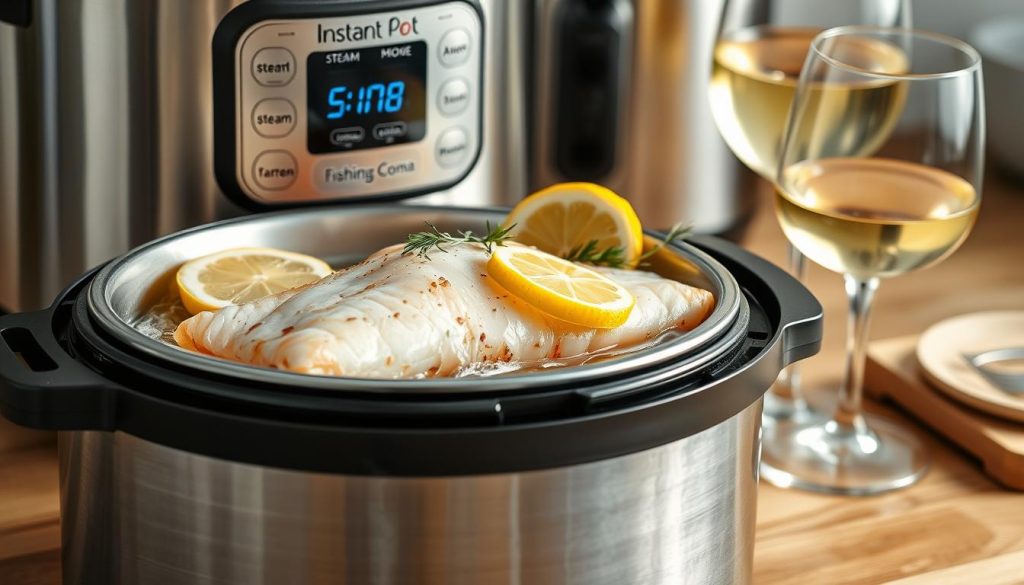 A well-lit, crisp, photorealistic image of a modern multi-cooker (Instant Pot or similar) set on a wooden kitchen counter, containing a freshly steamed fish fillet with lemon slices, herbs, and a glass of white wine. The fish should be arranged neatly and appear moist and flavorful. The multi-cooker display shows the "steam" mode and time remaining. The overall scene conveys a sense of effortless, healthy meal preparation. Brand name "7fishing.com.ua" should be discreetly visible on the multi-cooker.