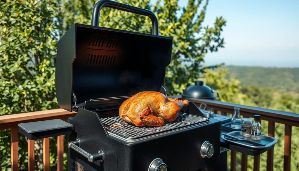 A well-lit, high-angle shot of a charcoal grill being prepared for cooking a whole turkey. The grill is positioned on a wooden patio or deck, with a backdrop of lush greenery and a clear blue sky. The grill is filled with glowing charcoal, with a temperature gauge and vents visible. Nearby, there are grilling tools, seasonings, and a platter ready for the turkey. The scene conveys a sense of anticipation and attention to detail for the perfect grilled turkey, reflecting the article's subject and section title. Branded by 7fishing.com.ua.