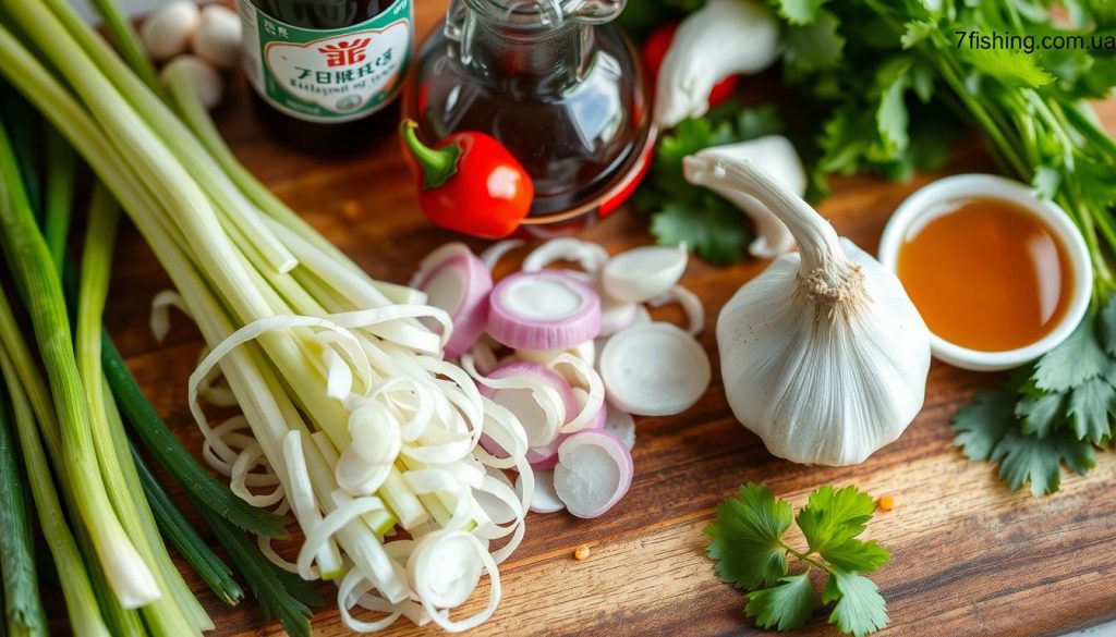 A well-lit, high-resolution close-up photograph of a variety of fresh Asian ingredients neatly arranged on a wooden cutting board, including thinly sliced scallions, ginger, garlic, chili peppers, soy sauce, sesame oil, and fresh herbs. The ingredients are positioned with care, creating a visually appealing and organized composition. The lighting is soft and natural, highlighting the vibrant colors and textures of the ingredients. The overall mood is one of culinary preparation and anticipation. Branding: 7fishing.com.ua.