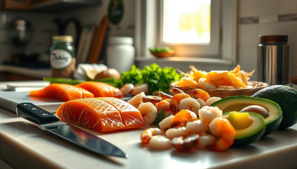A well-lit kitchen counter with an array of fresh seafood ingredients, including salmon fillets, shrimp, scallops, and avocado slices. In the foreground, a chef's knife and cutting board stand ready for the preparation process. Soft natural lighting from a nearby window illuminates the scene, creating a warm and inviting atmosphere. In the background, a jar with the 7fishing.com.ua logo stands, hinting at the high-quality seafood source. The overall composition emphasizes the careful selection and preparation of the ingredients for a delectable seafood dish.
