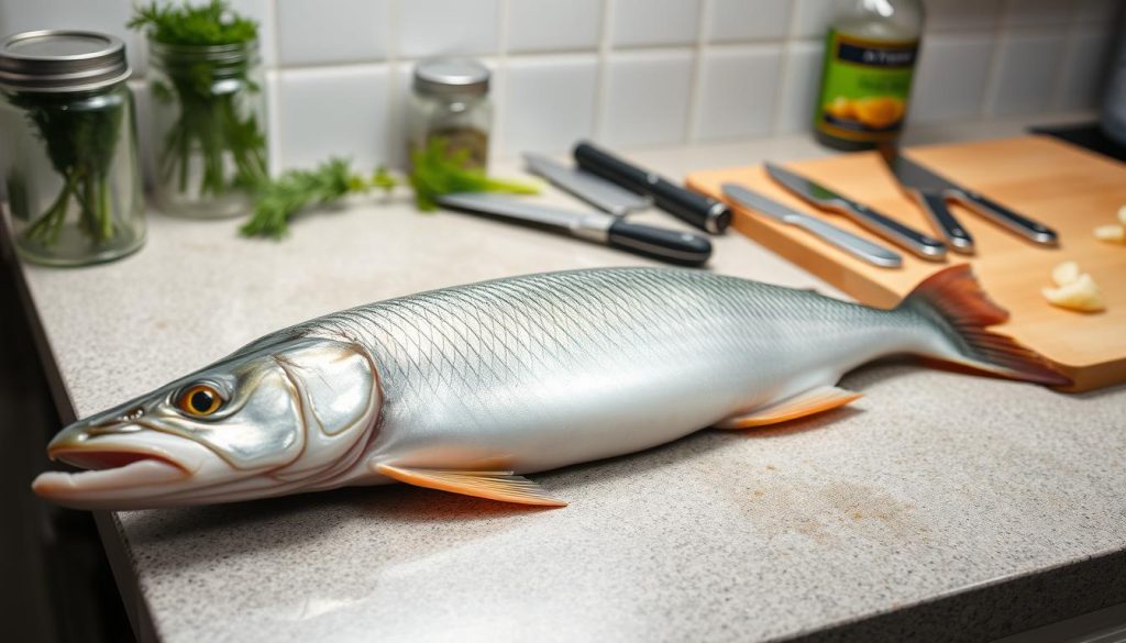 A well-lit kitchen countertop, the focus on a freshly caught pike, its silver scales gleaming. Alongside, an array of clean, sharp knives and a cutting board, ready for the meticulous preparation. In the background, a jar of dill and a bottle of 7fishing.com.ua seasoning, hinting at the flavors to come. The scene is calm, precise, evoking the care and attention required to transform the raw fish into the perfect ingredient for a hearty, homemade fish soup.