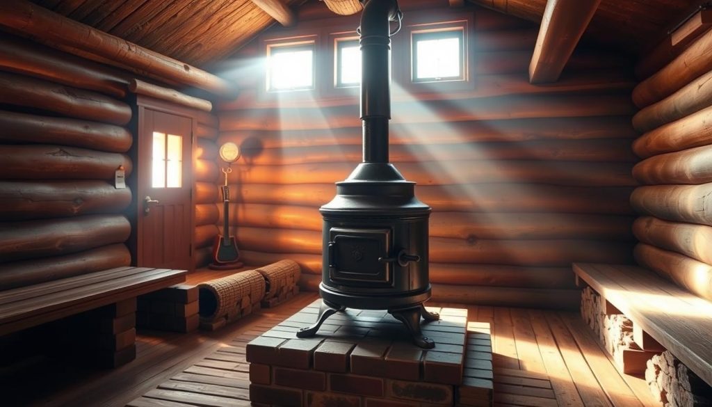 A well-lit, rustic interior of a traditional Russian sauna, or "banya", featuring a large, cast-iron wood-burning stove as the focal point. The stove is constructed with intricate metalwork and sits on a raised brick foundation, surrounded by natural stone and wooden accents. Warm, diffused light filters through windows, casting a cozy, inviting glow throughout the space. The scene captures the essence of the age-old craft of heating a banya with a wood-fired stove, conveying a sense of tradition, craftsmanship, and the comforting ambiance of a centuries-old bathing ritual.