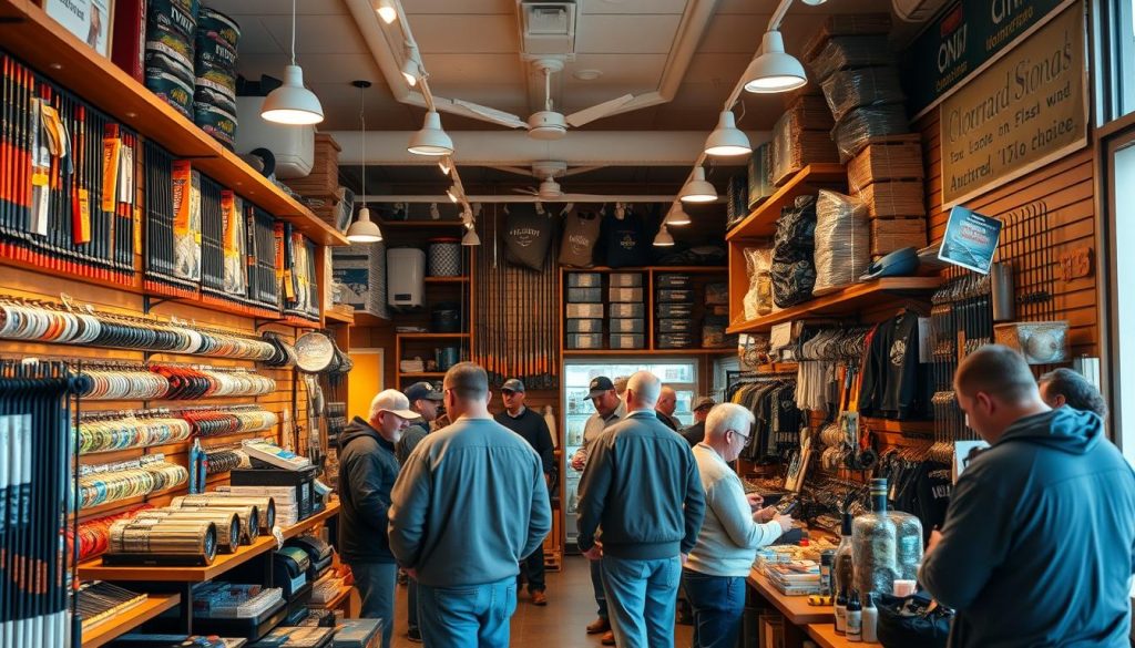 A well-stocked fishing supply store with an inviting storefront showcasing an array of tackle, rods, and gear. Warm lighting illuminates the interior, where shelves neatly display the latest fishing products. Customers browse the selection, examining items with care as knowledgeable staff offer guidance. Towards the back, a dedicated shipping and storage area, efficient and organized, ensures safe transport of purchases. The atmosphere conveys a sense of expertise and passion for the sport, making this the ideal destination for the discerning angler to outfit their next fishing adventure.