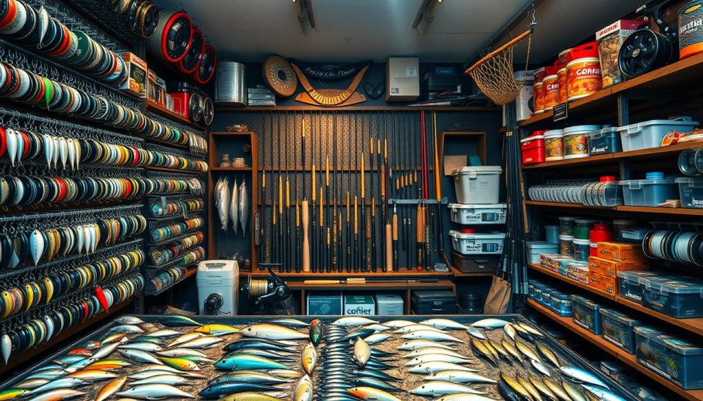 A well-stocked tackle shop, its shelves brimming with an array of fishing gear. In the foreground, neatly arranged lures, hooks, and line spools in a range of colors and sizes. The middle ground showcases a variety of rods and reels, each designed for specific fishing techniques. In the background, landing nets, tackle boxes, and other essential accessories create a comprehensive display of the store's inventory. Soft, warm lighting illuminates the scene, evoking a sense of exploration and adventure. The overall composition conveys the thoughtful curation and depth of selection expected in a premier fishing outfitter.