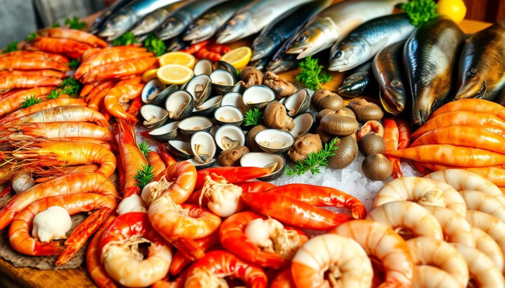 A wide selection of fresh seafood arranged on a rustic wooden table, with vibrant hues and glistening textures. In the foreground, a variety of plump, succulent shrimp and scallops, their shells gently peeled back to reveal the tender, juicy flesh within. In the middle ground, a display of diverse mollusks, from briny oysters to sweet clams, nestled in a bed of crushed ice. The background features an assortment of whole fish, their scales shimmering under the warm, soft lighting, accompanied by a scattering of lemon wedges and aromatic herbs. The scene exudes a sense of culinary abundance and the promise of a delectable seafood feast.