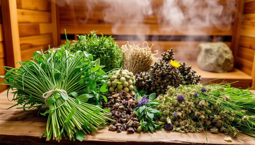 A wooden table adorned with an assortment of fragrant, freshly-harvested medicinal herbs and flowers. In the foreground, bundles of lush, verdant grasses and leafy plants sit atop the rustic surface, their vibrant hues and delicate textures inviting the viewer to imagine their soothing, therapeutic aromas. In the middle ground, larger bunches of dried herbs and flowers in earthy tones are carefully arranged, their curative properties evident. The background features a warm, softly-lit sauna interior, with wooden paneling and steaming, fragrant water infused with the herbal blend, creating an atmosphere of tranquility and rejuvenation.