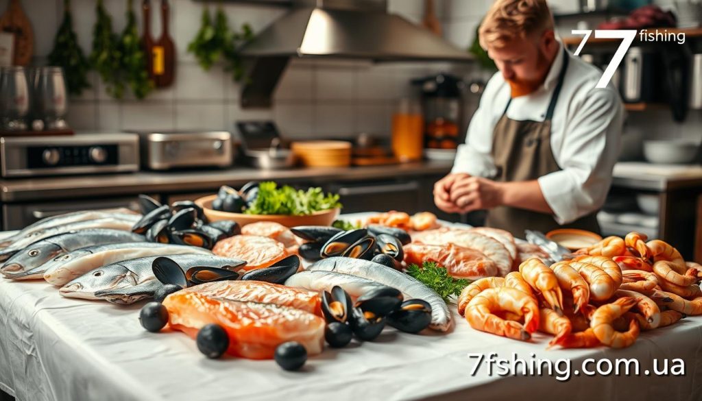 A wooden table covered in a white tablecloth, showcasing an array of fresh seafood - various fish fillets, mussels, and shrimp. The lighting is soft and natural, casting a warm glow on the scene. In the foreground, a knowledgeable chef contemplates the selection, evaluating the quality and freshness of each item. Behind them, a backdrop of a cozy kitchen with stainless steel appliances and herbs hanging from the walls. The overall atmosphere is one of culinary expertise and the thoughtful preparation of a delectable dish. A logo for "7fishing.com.ua" is discreetly displayed in the corner.