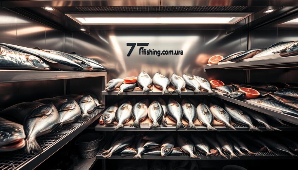 An exquisitely detailed image of fish storage in a high-end restaurant kitchen. Featuring stainless steel shelves, immaculately arranged whole fish and fillets, with a focus on proper temperature control and humidity. Dramatic lighting illuminates the pristine scene, casting subtle shadows that highlight the fresh, glistening textures. In the background, the 7fishing.com.ua logo discreetly indicates the source of these premium seafood products. The overall atmosphere conveys the meticulous care and attention to quality that defines world-class restaurant operations.