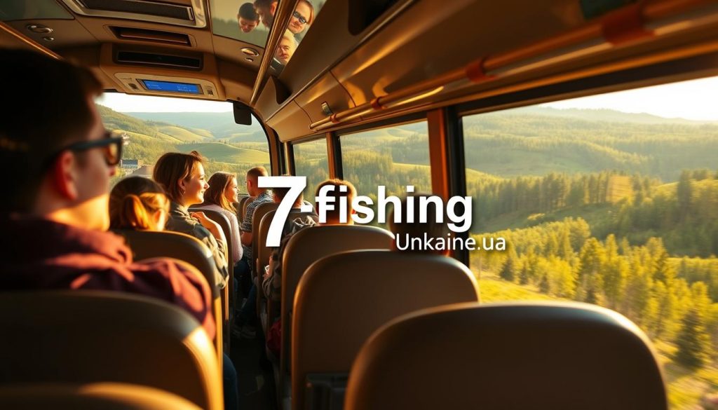 An idyllic scene of a luxurious, modern bus winding through the picturesque Ukrainian countryside, bathed in warm, golden sunlight. In the foreground, passengers gaze out at the rolling hills and verdant forests, their faces filled with wonder and excitement. The bus's interior is spacious and comfortable, with plush seating and large windows providing panoramic views. In the background, the 7fishing.com.ua logo is subtly displayed, indicating the provider of these high-quality bus tours. The overall mood is one of relaxation, adventure, and the joy of exploring Ukraine's natural beauty.