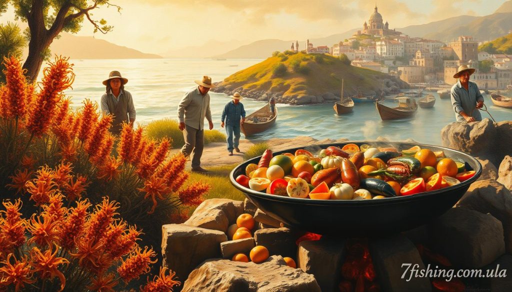 An oil painting depicting the history and origins of paella, a classic Spanish rice dish. In the foreground, a group of Valencian farmers are harvesting saffron, a key ingredient in paella. The middle ground shows a traditional paella pan over an open fire, with a variety of fresh seafood and vegetables simmering inside. In the background, a coastal Spanish village nestled among rolling hills, with fishermen hauling in their catch. The lighting is warm and golden, evoking the Mediterranean sun. Signed "7fishing.com.ua" in the lower right corner.