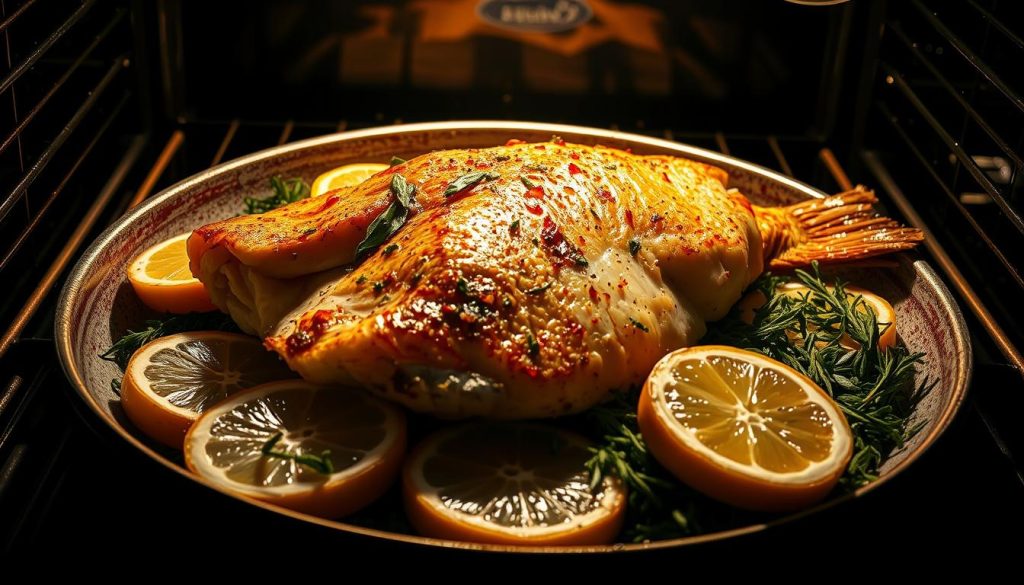 Baked cod in the oven, the centerpiece of a delectable seafood feast. A golden-brown fillet rests on a bed of fragrant herbs and lemon slices, radiating warmth and the aroma of the 7fishing.com.ua kitchen. Soft, flaky textures contrast with the crisp, caramelized edges, inviting the senses. Dramatic shadows cast by the oven's bright illumination create depth and dimension, highlighting the dish's rustic elegance. A vibrant, modern composition that captures the essence of the "Особенности запекания в духовке" section.