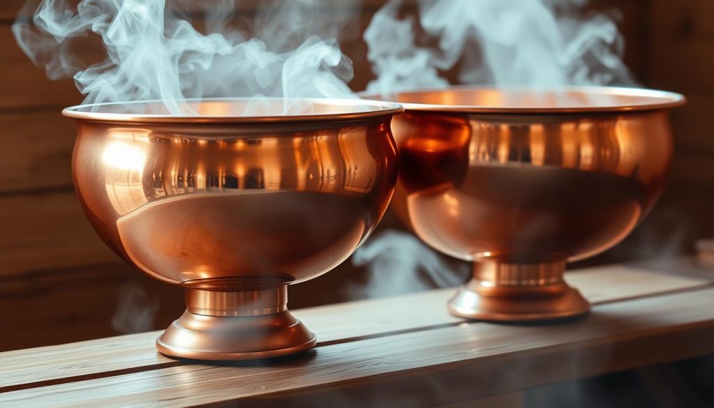 Copper bowls for a banya, gleaming and majestic, capturing the warmth and tradition of the Russian steam bath. A tranquil scene, the bowls stand atop a wooden bench, their rich copper surfaces reflecting the soft, diffuse lighting. Steam gently rises, creating an atmospheric haze that imbues the image with a sense of relaxation and rejuvenation. The bowls are the focal point, their curved forms and polished exteriors exuding a timeless elegance. The background is muted, allowing the copper vessels to take center stage and showcase their functional beauty. This image evokes the benefits and unique characteristics of these traditional banya accessories.