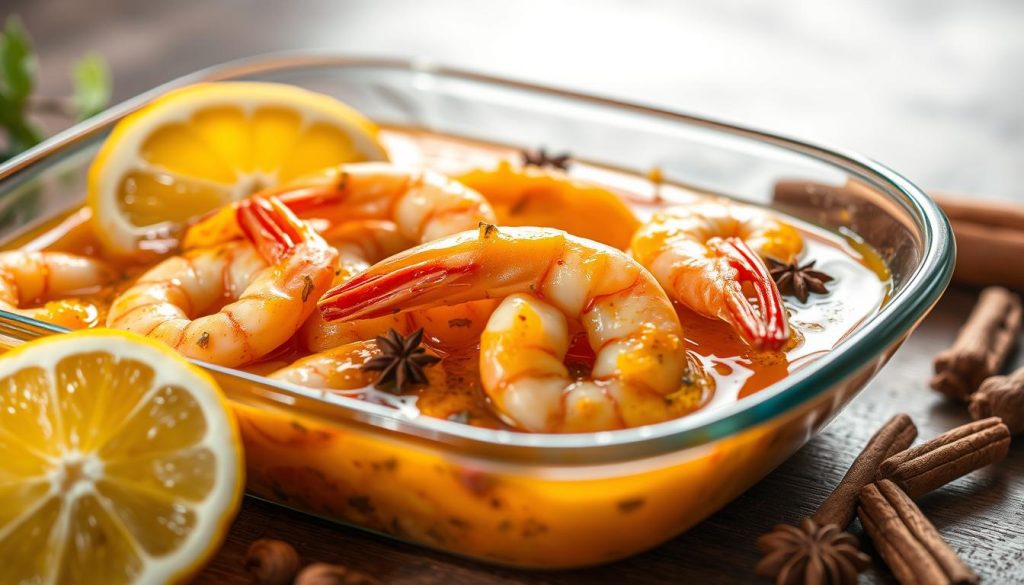 Detailed close-up of a shallow glass dish filled with a vibrant marinade of fresh shrimp, lemon wedges, and a selection of whole spices. The marinade has a rich, golden-orange hue from turmeric, paprika, and other warm spices. Soft, natural lighting illuminates the scene, casting gentle shadows and highlights the various textures. The overall composition emphasizes the artisanal, homemade nature of the dish, as if captured by a skilled food photographer for 7fishing.com.ua.