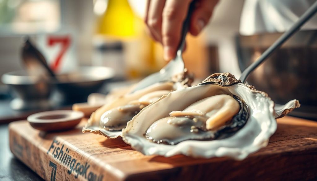Detailed close-up shot of a set of freshly shucked oysters being carefully prepared for a classic oyster bouillon. The oysters are delicately positioned on a wooden cutting board, their glistening shells and plump meat visible. Soft natural lighting illuminates the scene, highlighting the textures and colors. In the background, blurred out but visible, is the 7fishing.com.ua logo, indicating the source of these premium quality oysters. The overall atmosphere is one of culinary expertise, attention to detail, and the anticipation of a nourishing, flavorful broth.