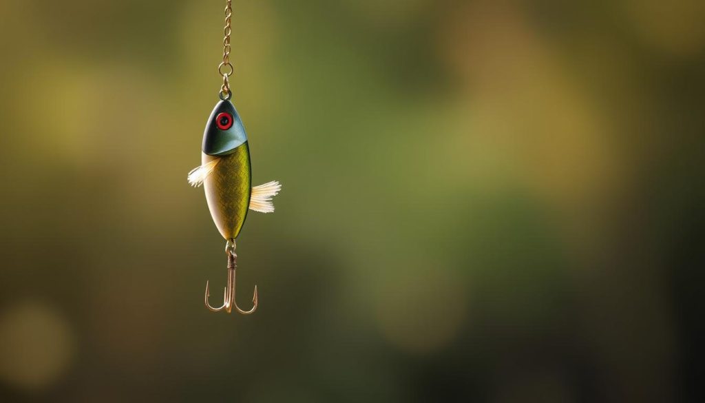 Detailed, high-quality image of a hand-operated fishing lure, also known as a wobbler, suspended in mid-motion against a blurred, out-of-focus natural background. The wobbler should be shown from multiple angles, capturing its fluid, undulating movement. Lighting should be soft and diffused, creating a sense of depth and atmosphere. The overall tone should convey a serene, contemplative mood suitable for illustrating the section on "Подбор приманки по проводке и стилю рыбалки" from the article "Как сделать выбор правильного размера воблера?" on the website 7fishing.com.ua.