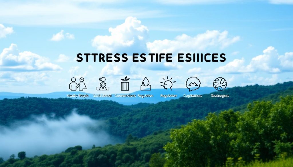 Detailed illustration of the factors influencing stress resilience. A tranquil scene with serene blue sky, fluffy clouds, and lush green landscape in the foreground. In the middle ground, various icons representing key factors such as healthy lifestyle, social connections, emotional regulation, and cognitive strategies. These are depicted as simple geometric shapes, natural elements, and abstract symbols. The background has a subtle texture or pattern, creating a sense of depth and wholeness. The lighting is soft and diffused, evoking a calming atmosphere. The composition is balanced and visually appealing, guiding the viewer's attention to the central elements. The overall tone is one of serenity, harmony, and resilience.