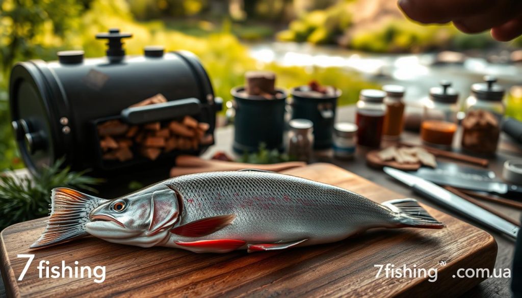 Detailed image of a freshly caught trout being prepared for cold smoking. Foreground shows a wooden cutting board with a whole trout, its scales glistening, being delicately trimmed and gutted by skilled hands. Middle ground depicts various smoking equipment, including a rustic smoker, wood chips, and seasoning jars. Background showcases a natural setting, with lush greenery, a flowing river, and a serene countryside atmosphere. Warm, natural lighting casts a soft glow, creating an artisanal, authentic ambiance. Signature "7fishing.com.ua" is discreetly displayed in the corner. Conveys the thoughtful preparation and time-honored techniques behind the "Рецепт копчения форели: техника и секреты приготовления."