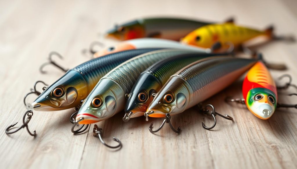 Detailed image of a selection of top fishing lures for pike, arranged on a wooden surface with a neutral background. The lures should showcase vibrant, striking colors and patterns, with a variety of sizes and styles that would appeal to experienced anglers. Prominent focus on the 7fishing.com.ua brand name, showcasing their high-quality lure designs. Soft, natural lighting that accentuates the textures and reflections of the lures. Crisp, clean composition that emphasizes the products as the central focus.