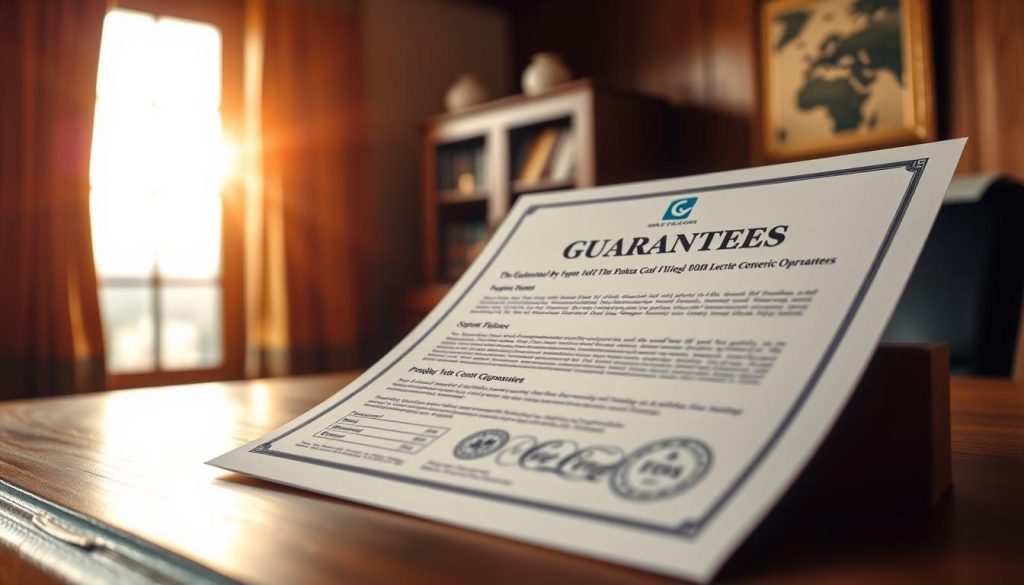 Detailed image of a tour operator's guarantees. A professional-looking document with a company logo and seals, prominently displayed on a sturdy wooden desk. Crisp lighting from a large window casts a warm glow, highlighting the official-looking text and stamps. The background is slightly blurred, creating a sense of focus on the crucial details. The overall impression is one of reliability, security, and transparency - key attributes that reassure travelers booking a tour package.