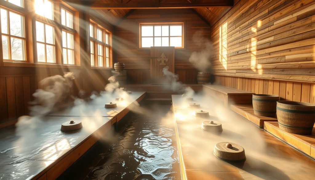 Detailed interior of a traditional Russian bathhouse (banya) with wooden benches, heated stones, and billowing steam. Sunlight streams through high windows, casting a warm, golden glow. Wooden barrels and buckets line the periphery, suggesting the availability of water for pouring over the stones. The space exudes a sense of relaxation, comfort, and the ritual of the banya experience. The overall atmosphere conveys the pricing and service offerings of this particular bathhouse complex.