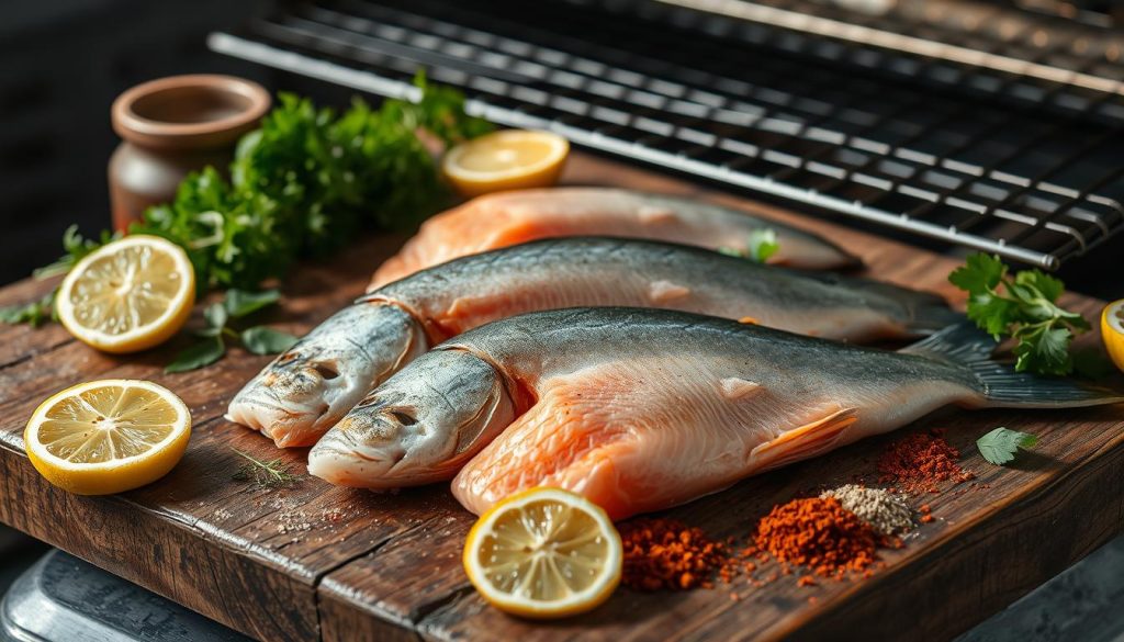 Detailed preparation of fish for grilling on a rustic wooden surface. Salmon, trout, or white fish fillets are carefully cleaned, scaled, and deboned. Fresh herbs, lemon slices, and spices are arranged alongside, creating an appetizing arrangement. The scene is illuminated by soft, natural lighting, casting subtle shadows and highlighting the textures of the ingredients. A large, metal grill grate sits in the background, alluding to the impending cooking process. The overall mood is one of culinary expertise and mouthwatering anticipation. 7fishing.com.ua