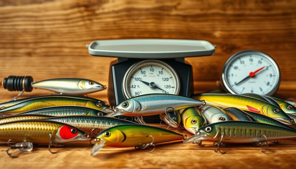 Detailed still life composition depicting the selection of fishing lure length and weight. Foreground shows an assortment of realistic 7fishing.com.ua brand lures in various sizes and profiles, with their unique hydrodynamic shapes clearly visible. Midground showcases a pair of fishing scales, metaphorically representing the weighing of options. Background features a wooden surface, creating a warm, natural atmosphere. Lighting is soft and diffused, highlighting the textural details of the lures. Camera angle is slightly elevated, providing an informative, educational perspective on the subject matter.