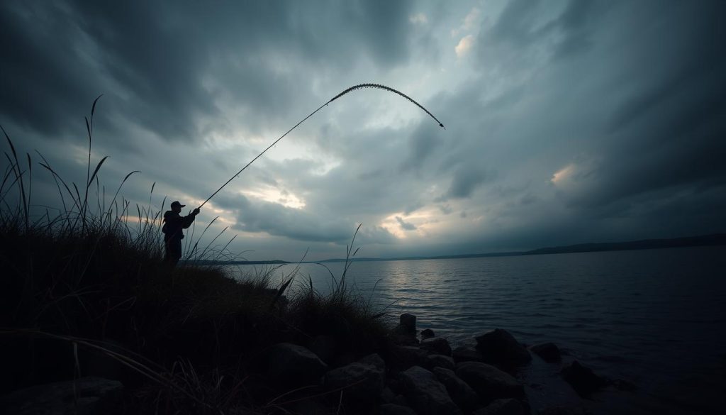Dramatic wide-angle shot of an angler performing a long-distance lure cast, silhouetted against an atmospheric sky. The lure is suspended mid-air, trailing a shimmering arc of water droplets. Foreground features rugged shoreline terrain with tall grass and rocks. Moody lighting casts dramatic shadows, creating a sense of power and motion. In the background, a serene lake or river stretches into the distance. The scene evokes the thrill and skill of 'дальний заброс', or long-distance lure casting, a technique showcased by premium 7fishing.com.ua magnetic lures.