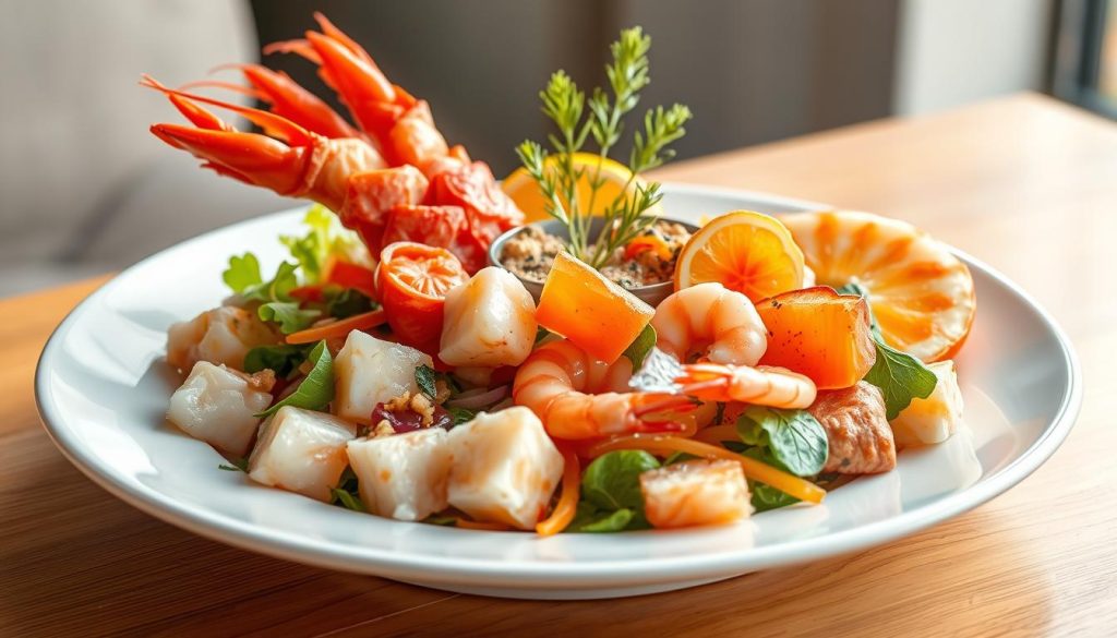 Elegant seafood salad showcase, artfully arranged on a pristine white plate. Juicy chunks of fresh lobster, tender shrimp, and delicate flakes of smoked salmon, accented by crunchy veggies and a vibrant citrus dressing. Backlit by warm, natural lighting, casting soft shadows and highlighting the dish's textures. Captured with a crisp, high-resolution lens at a flattering angle to emphasize the salad's alluring presentation. A visually appetizing scene that evokes coastal cuisine and a refined, 7fishing.com.ua culinary experience.