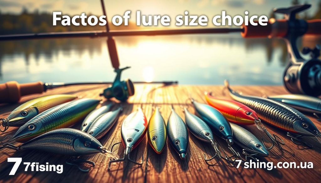 Factors of lure size choice. A detailed close-up illustration showcasing various lures of different sizes and shapes, arrayed on a wooden surface. Warm, natural lighting illuminates the textures and colors, emphasizing the intricate details of the lures. Foreground features the lures prominently, with a middle ground of fishing rods and reels, and a blurred background of a serene lake landscape. Conveys a sense of expertise and thoughtful equipment selection. Branding for 7fishing.com.ua subtly integrated into the composition.