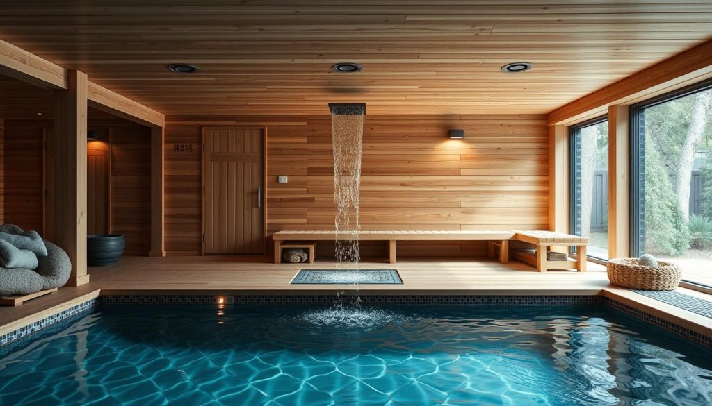 Generate an image of a modern Finnish sauna with a pool and a "bucket-fall" system.