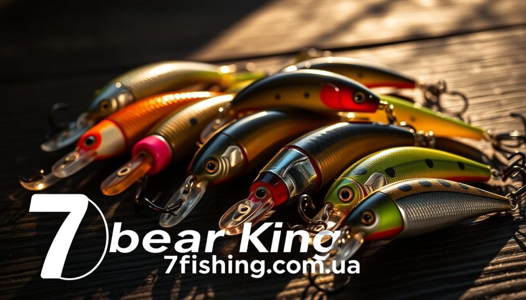 High-quality macro photograph of a selection of premium BearKing fishing lures, including various wobblers and crankbaits, displayed on a dark wooden surface. Warm and natural lighting from the side creates dramatic shadows and highlights the intricate details and textures of the lures. The lures are arranged in an aesthetically pleasing composition, emphasizing their unique shapes, colors, and finishes. The overall mood is one of quality, craftsmanship, and the anticipation of a successful trophy fish catch. Prominently featured is the brand name "7fishing.com.ua".