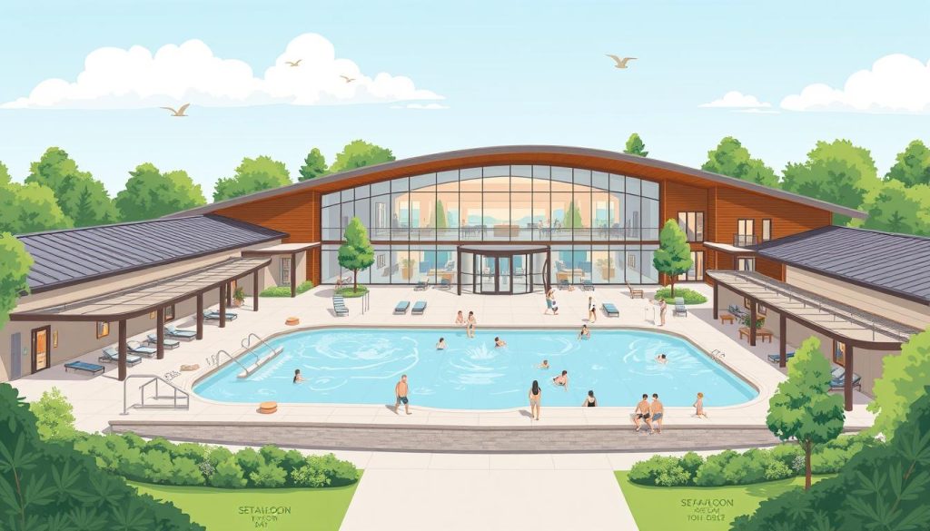Image of a modern recreational center with a bath