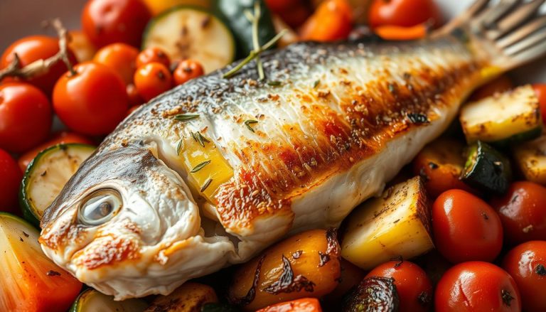 как запечь морского окуня с овощами